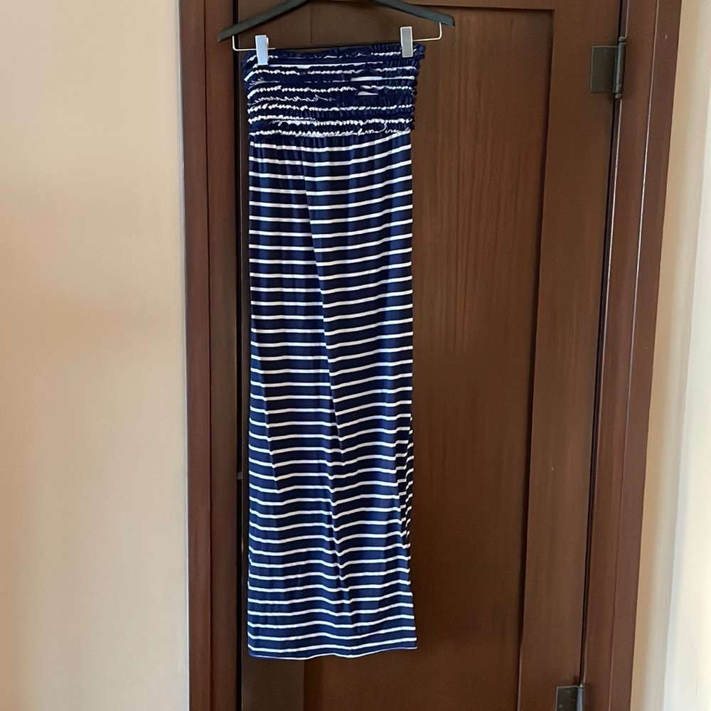 Blue and White Stripe Strapless Smocked Maxi Dress